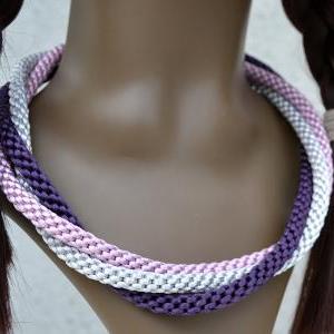 Braided Satin Necklace In Purple, Pink And Grey