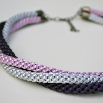 braided satin necklace in purple, pink and grey